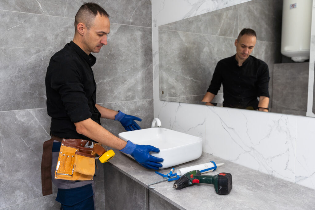 A plumber in a black uniform is installing a sink and water pipe in the bathroom.